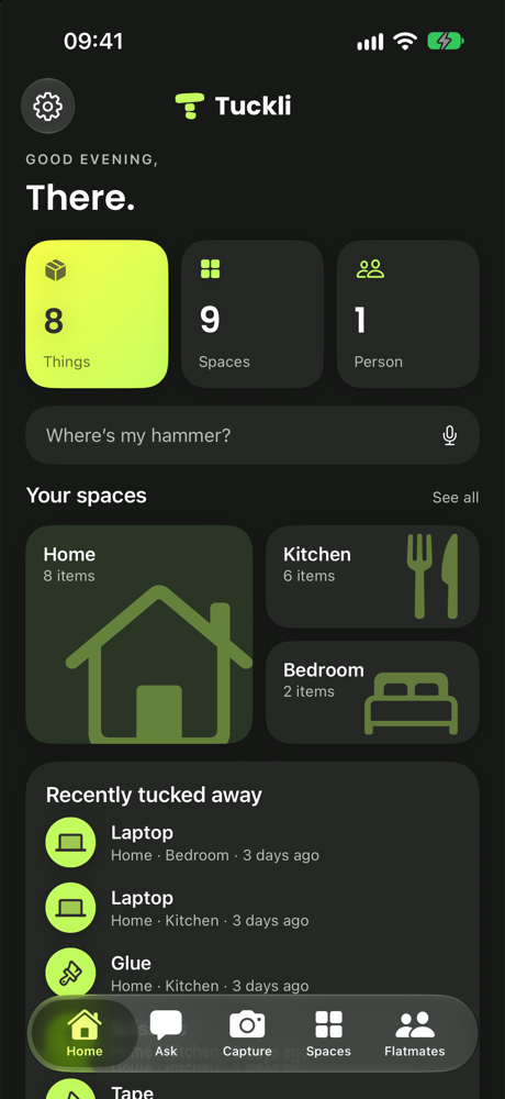 Tuckli’s Home screen: 8 things, 9 spaces, a search box and your spaces